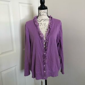 Ruffle neck cardigan sweater